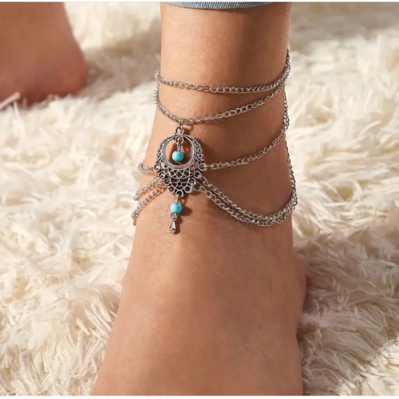 NEW BOHO VINTAGE STYLE SILVER/TURQUOISE BEADS SILVER CHAINS BEACH ANKLE BRACELET - Picture 1 of 6